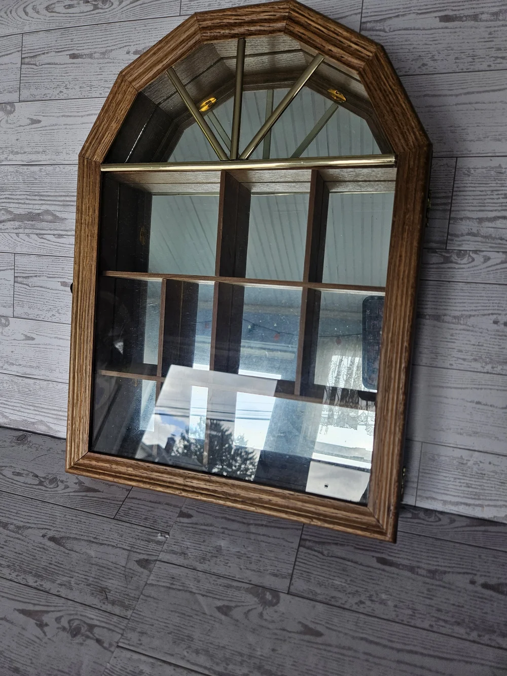 Vintage Oak Wall Curio Cabinet Mirrored Arched Display Case Shadow Box 24